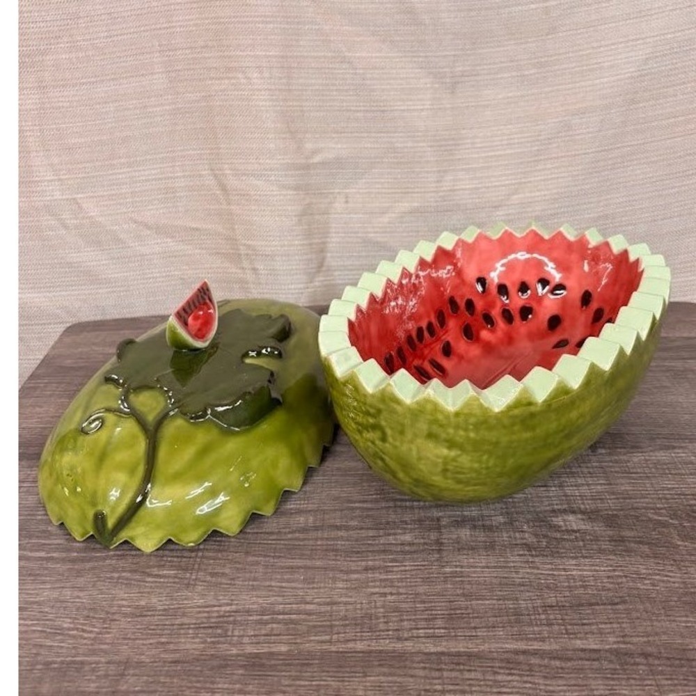 Vintage Ceramic Watermelon Tureen with Lid and Slice Handle Green Red